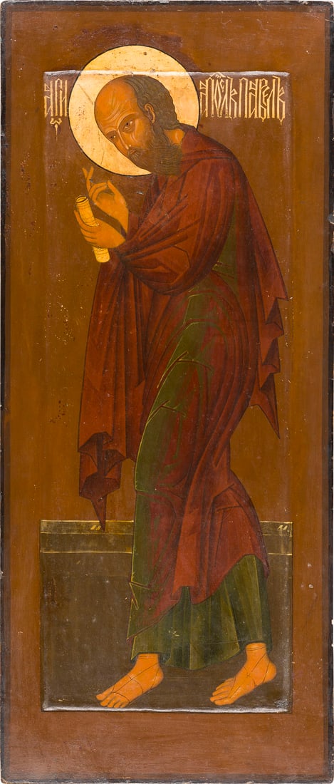 | GROSSE IKONE MIT DEM APOSTEL PAULUS AUS EINER KIRCHEN-IKONOSTASE: A LARGE ICON SHOWING THE APOSTLE PAUL FROM A CHURCH ICONOSTASIS Russian, Old Believers' Workshop, mid-19th century Tempera on wood panel with kovcheg. The halo made of gold. Partially restored. 62 x 2