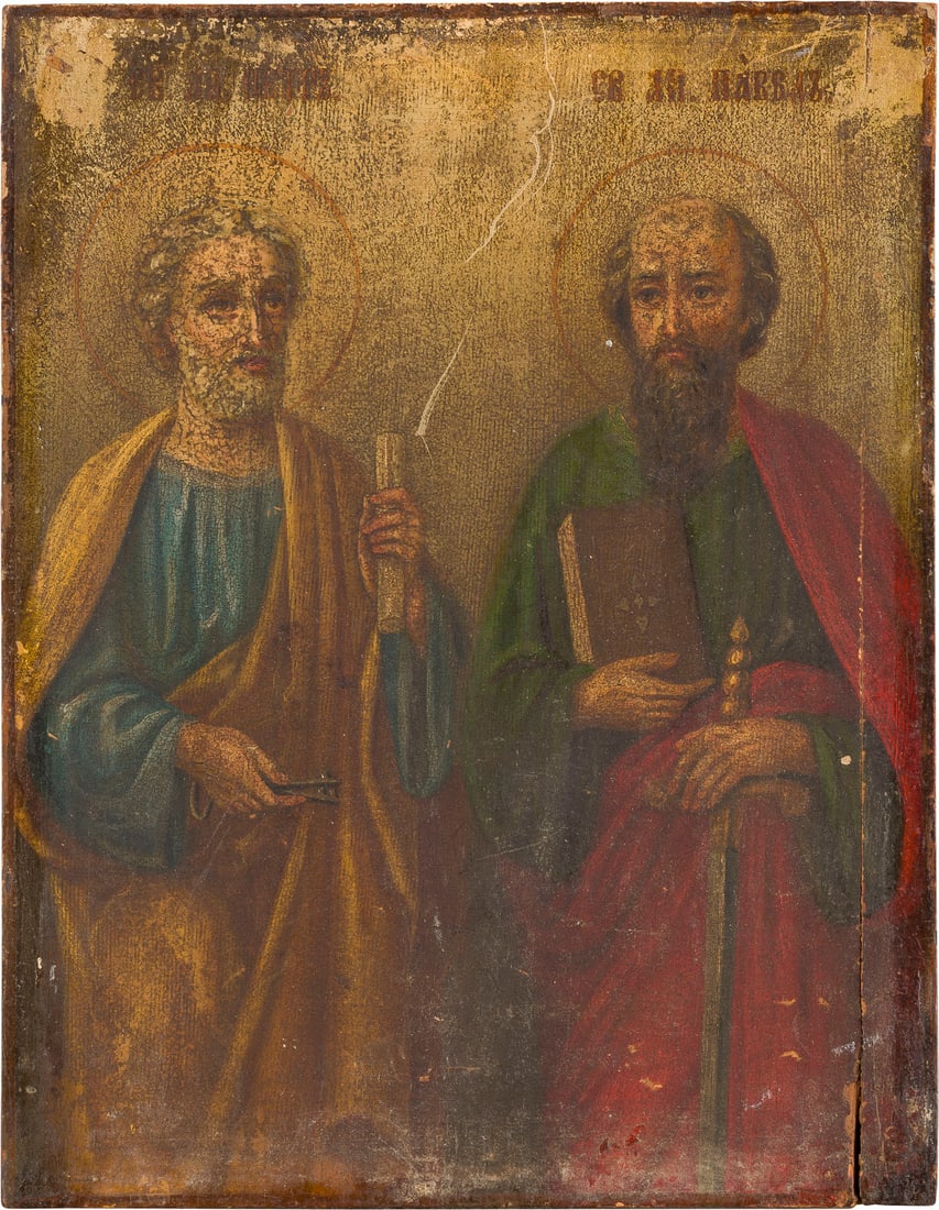 | KLEINE IKONE MIT DEN HEILIGEN APOSTELN PETRUS UND PAULUS: A SMALL ICON SHOWING STS. PETER AND PAUL THE APOSTLES Russian, 19th century Oil on wood panel. Vertical crack. 18.5 x 14.2 cm.KLEINE IKONE MIT DEN HEILIGEN APOSTELN PETRUS UND PAULUS Russland, 19. Jh.