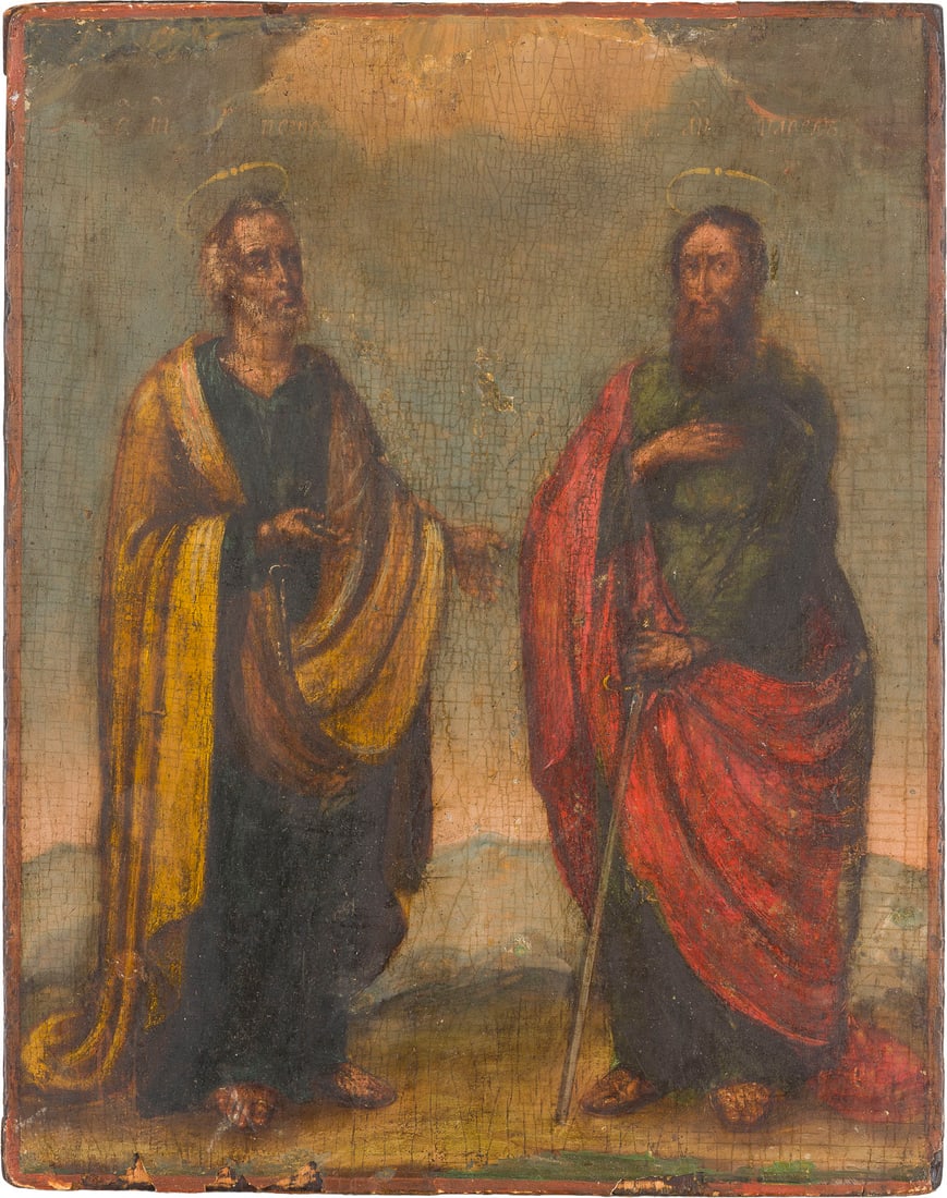 | IKONE MIT DEN APOSTELN PETRUS UND PAULUS: AN ICON SHOWING STS. PETER AND PAUL THE APOSTLES Russian, mid 19th century Oil on wood panel. Damages to the edges, partially restored. 31 x 24.5 cm.IKONE MIT DEN APOSTELN PETRUS UND PAULUS Russland,