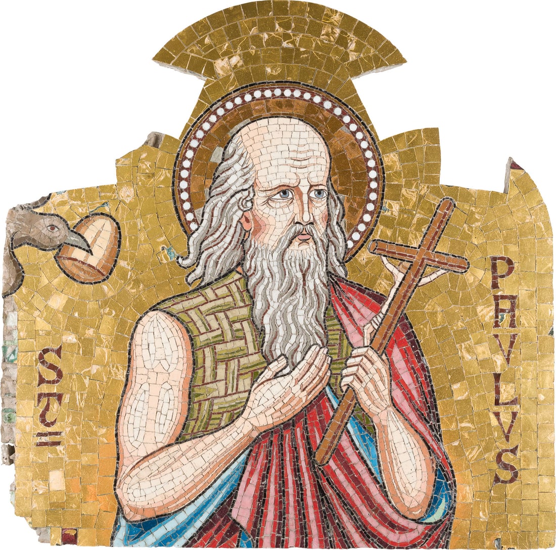 | GROSSFORMATIGES MOSAIK MIT DEM DEM HEILIGEN PAULUS: A LARGE MOSAIC WITH SAINT PAUL Modern period Glass tesserae, partly gilded, set in mortar. 44 x 44 cm.GROSSFORMATIGES MOSAIK MIT DEM DEM HEILIGEN PAULUS Neuzeitlich Tesserae aus Glas, teils vergoldet,