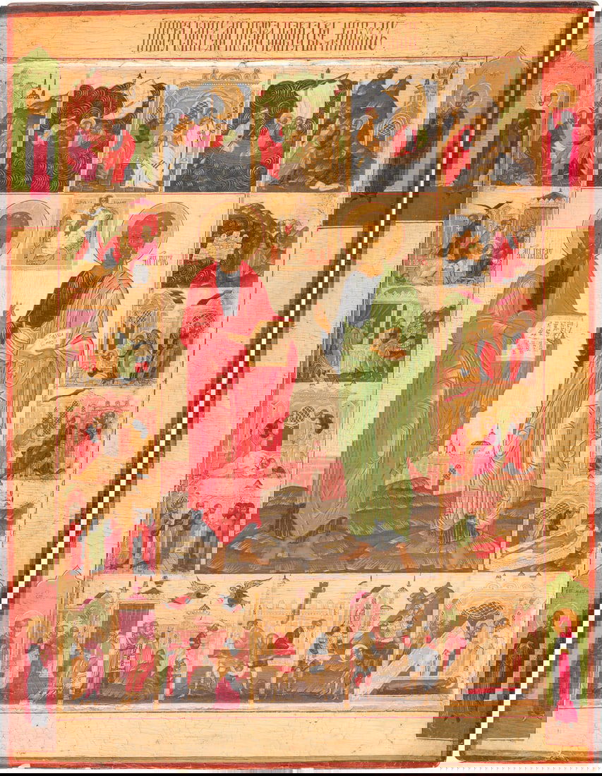 | GROSSE IKONE MIT DEN APOSTELN PETRUS UND PAULUS MIT SZENEN IHRER VITA: A LARGE ICON SHOWING STS. PETER AND PAUL THE APOSTLES WITH SCENES FROM THEIR LIFE Recent Tempera on wood panel with kovcheg. The haloes made of gold. Four selected saints on the borders. 44.5 x 34.5 c