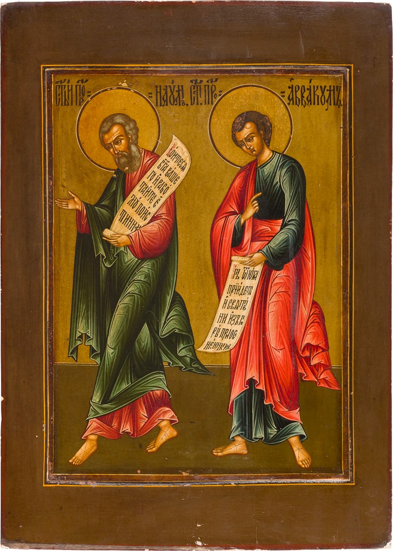 | GROSSFORMATIGE IKONE MIT DEN PROPHETEN DES ALTEN TESTAMENTS NAUM UND HABAKUM AUS EINER: A LARGE ICON WITH THE OLD TESTAMENT PROPHETS NAHUM AND HABAKKUK FROM A CHURCH ICONOSTASIS KIRCHEN-IKONOSTASE Russian, 19th century Russland, 19. Jh. Tempera on wood panel with kovcheg. The haloes made