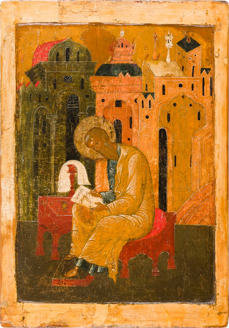 | GROSSFORMATIGE IKONE MIT DEM EVANGELISTEN MATTHAeUS AUS EINER KOeNIGSTUeR: A VERY LARGE ICON SHOWING THE EVANGELIST MATTHEW FROM A ROYAL DOOR Russian, 16th century Tempera on wood panel with kovcheg. The halo made of silver. The border stripped to gesso, partially restored.