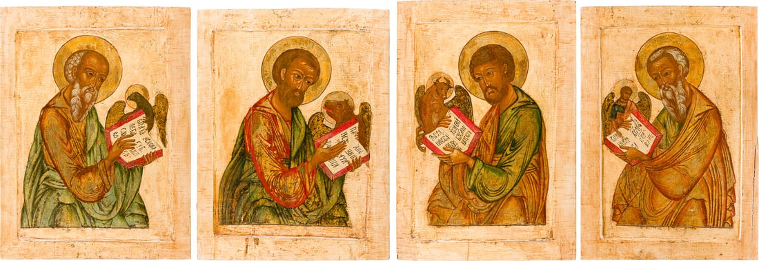 | SELTENER SATZ VON VIER EVANGELISTEN AUS DER KOeNIGSTUeR EINER KIRCHEN-IKONOSTASE: A RARE SET OF FOUR ICONS SHOWING THE FOUR EVANGELISTS FROM A ROYAL DOOR Russian, 17th century Tempera on wood panels with kovcheg. The haloes and garments made of silver, covered by a golden lacquer.