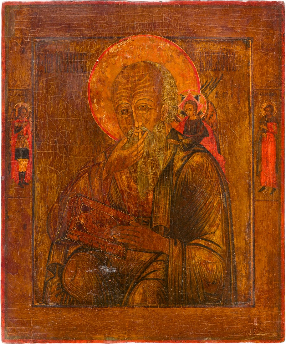 | GROSSE IKONE MIT JOHANNES, THEOLOGE IM SCHWEIGEN: A LARGE ICON SHOWING ST. JOHN, THEOLOGIAN IN SILENCE Russian, 19th century Tempera on wood panel with kovcheg. The haloes made of silver, covered by a golden lacquer. Two selected saints on the border