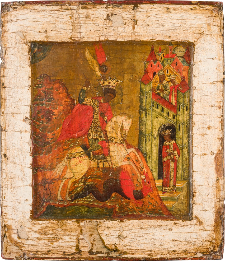 | SEHR FEINE IKONE MIT DEM HEILIGEN GEORG DEM DRACHENTOeTER: A VERY FINE ICON SHOWING ST. GEORGE KILLING THE DRAGON Russian, circa 1600 Tempera on wood panel with double kovcheg. The cuirass and details of the garments made of gold. The border stripped to gesso