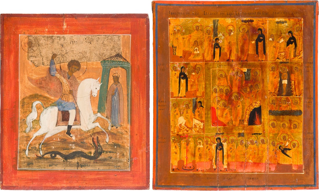 | ZWEI IKONEN: HEILIGER GEORG DER DRACHENTOeTER UND FESTTAGSIKONE: TWO ICONS OF ST. GEORGE KILLING THE DRAGON AND OF THE RESURRECTION OF CHRIST AND THE DESCENT INTO HELL SURROUNDED BY TWELVE FESTIVALS Russland, 19. Jh. Russian, 19th century Holztafeln, Eitempera auf