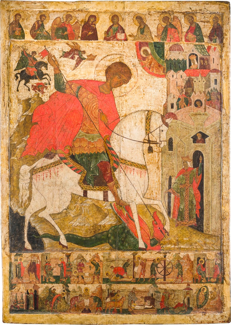 | MONUMENTALE IKONE MIT DEM HEILIGEN GEORG DEM DRACHENTOeTER MIT SEINEM MARTYRIUM: A MONUMENTAL ICON SHOWING ST. GEORGE KILLING THE DRAGON WITH SCENES FROM HIS MARTYRDOM 2nd half of the 20th century Tempera on wood panel with gesso ground with kovcheg. The details painted in gold. S