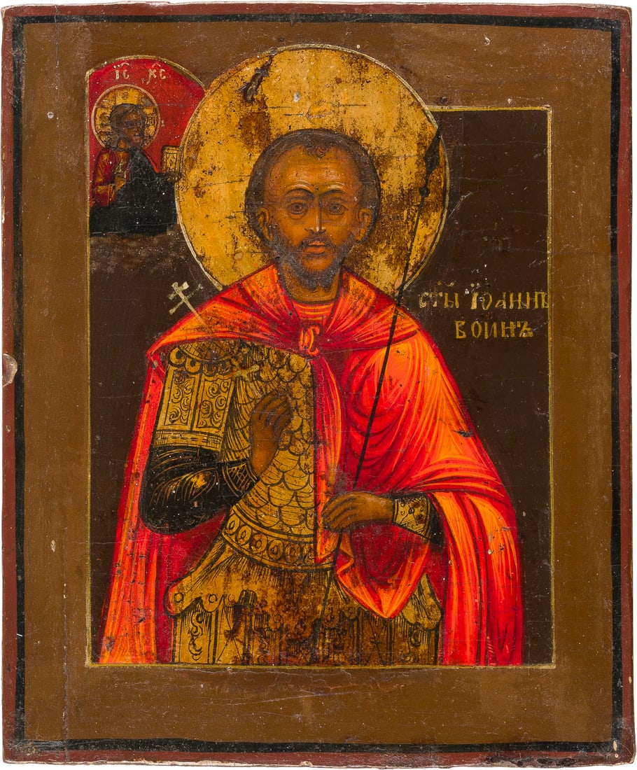 | KLEINE IKONE MIT DEM HEILIGEN JOHANNES DEM KRIEGER: A SMALL ICON SHOWING ST. JOHN THE WARRIOR Russian, 18th century Tempera on wood panel. The halo and the cuirass made of silver, covered by a golden lacquer. Minor areas of retouching. 17.5 x 14.7 cm.K