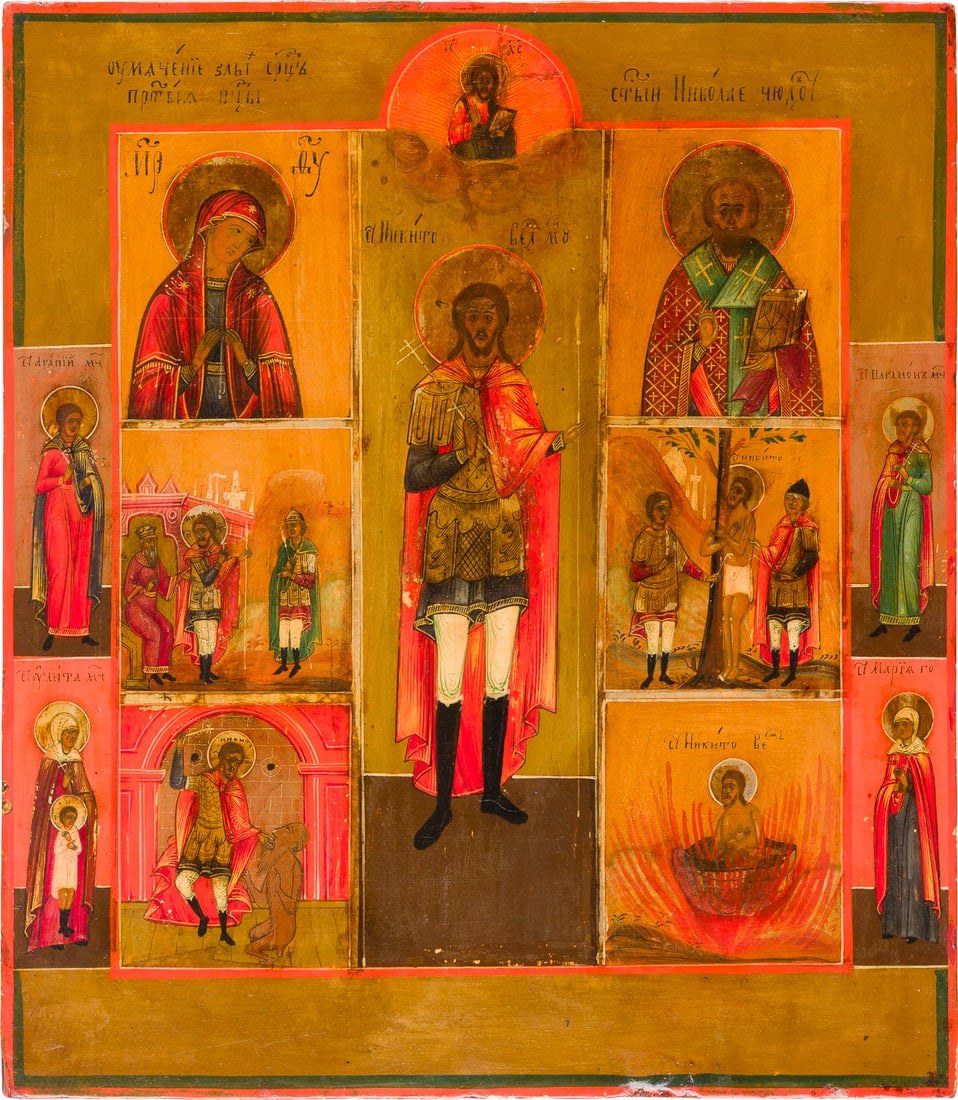 | SELTENE IKONE MIT DEM HEILIGEN NIKITA MIT SZENEN SEINER VITA, DER GOTTESMUTTER UND DEM HEILIGEN: A RARE ICON SHOWING ST. NIKITA WITH SCENES FROM HIS LIFE AND MARTYRDOM, THE MOTHER OF GOD AND ST. NICHOLAS OF MYRA Russian, 19th century Tempera on wood panel. The haloes made of silver, covered by a