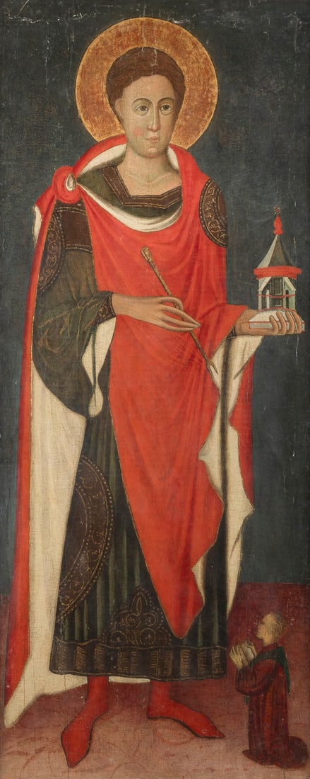 | MONUMENTALES TAFELBILD MIT DEM HEILIGEN PANTELEIMON: A MONUMENTAL PANEL PAINTING SHOWING ST. PANTELEIMON Veneto-Byzantine, 14th century Tempera on wood panel (cradled). The saint shown full length holding a model of a church. Partially restored, paint b