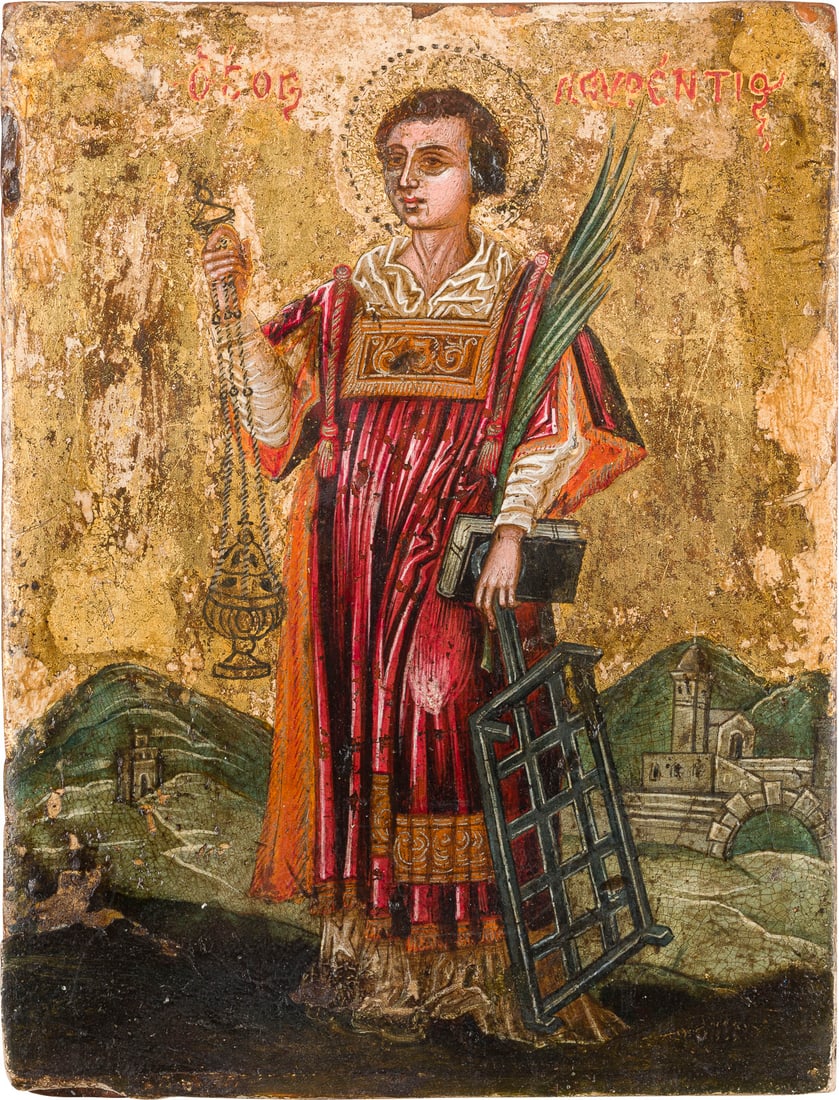 | KLEINE IKONE MIT DEM HEILIGEN LAURENTIUS VON ROM: A SMALL ICON SHOWING ST. LAURETIUS OF ROME Veneto-Cretan, 16th century Tempera on wood panel. The background made of gold. The halo ornately punched. Wearings, the borders partially restored. 15.4 x 1