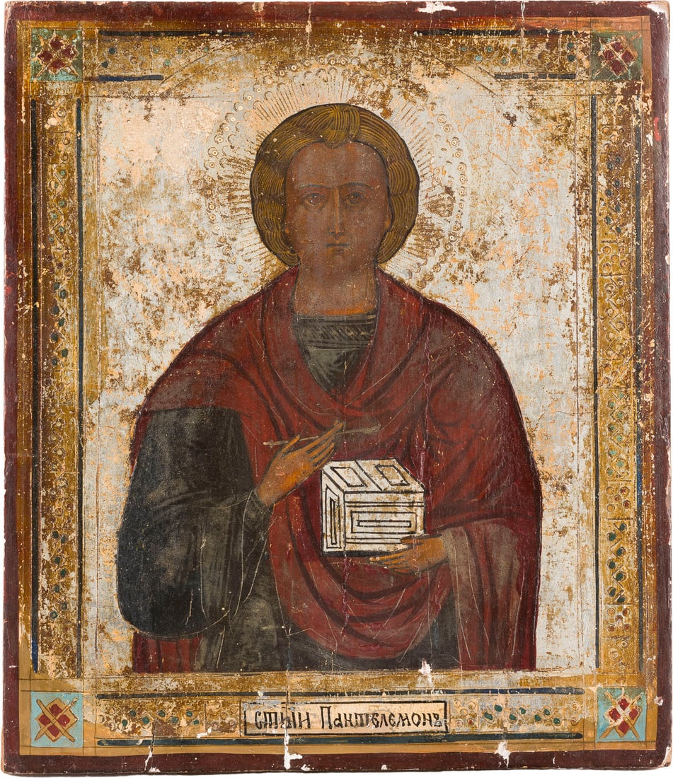 | IKONE MIT DEM HEILIGEN PANTELEIMON: AN ICON SHOWING ST. PANTELEIMON Russian, late 19th century Tempera on wood panel. The background made of silver. The border emulating contemporary enamelwork. Wearings, restorations. 30.6 x 26.5 cm.IK