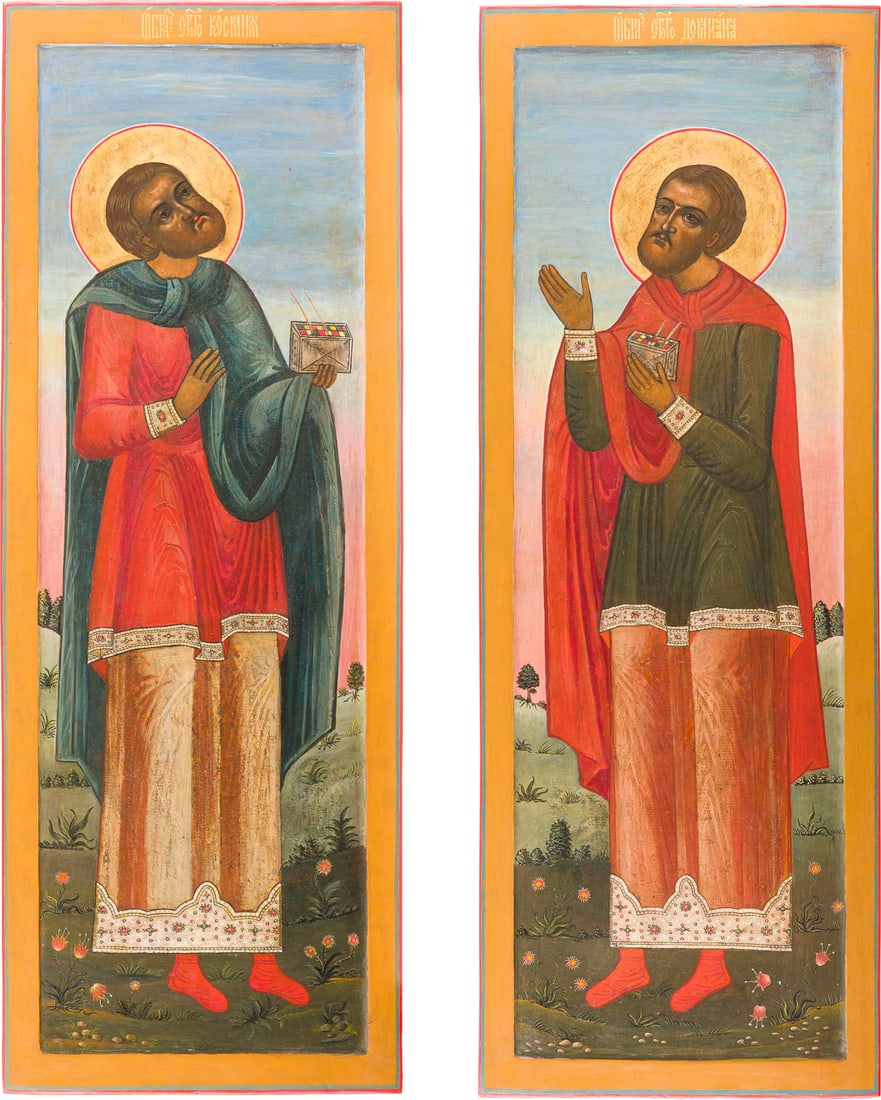 | PAAR MONUMENTALE IKONEN AUS EINER KIRCHEN-IKONOSTASE MIT DEN ARZTHEILIGEN KOSMAS UND DAMIAN: A PAIR OF MONUMENTAL ICONS SHOWING ST. COSMAS AND DAMIAN FROM A CHURCH ICONOSTASIS DAMIAN Russian, 18th century Russland, 18. Jh. Tempera on wood panel with kovcheg. The haloes gilded. Set into a late