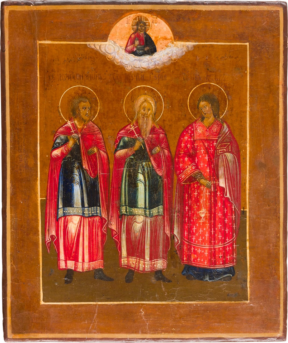 | IKONE MIT DEN HEILIGEN SAMON, GURIJ UND AVIV: AN ICON SHOWING STS. SAMON, GURIY AND AVIV Russian, 19th century Tempera on wood panel. Partially restored. 31 x 26 cm.IKONE MIT DEN HEILIGEN SAMON, GURIJ UND AVIV Russland, 19. Jh. Holztafel mit zwei