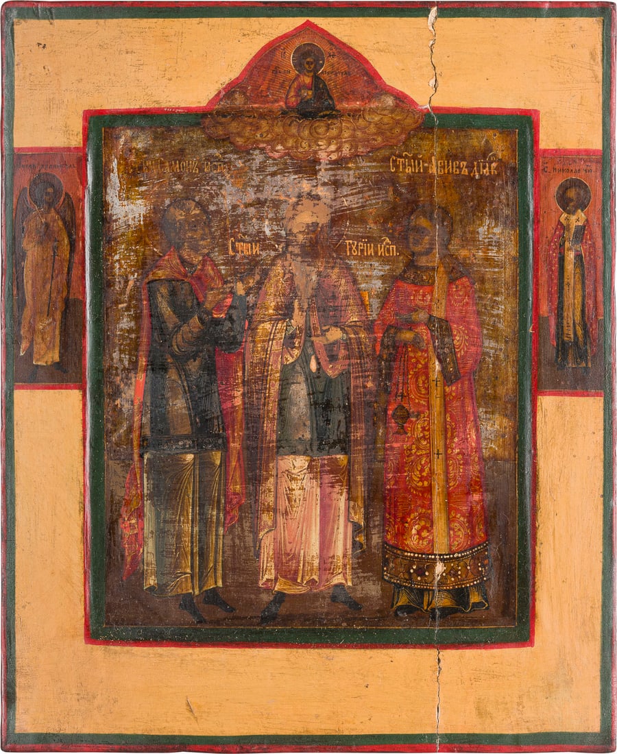 | IKONE MIT DEN HEILIGEN SAMON, GURIJ UND AVIV: AN ICON SHOWING STS. SAMON, GURIY AND AVIV Russian, 19th century Tempera on wood panel with kovcheg. The background made of silver, covered by a golden lacquer. Two selected saints on the borders: Gua