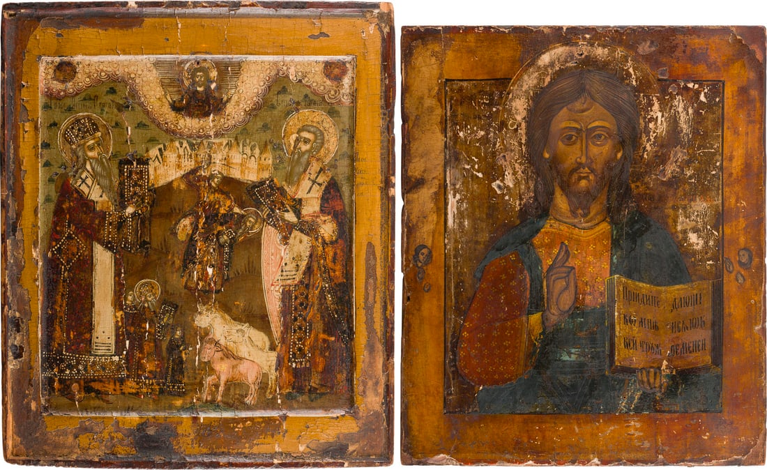 | ZWEI IKONEN: FEINE IKONE MIT DEN HEILIGEN MEDOST UND BLASIUS UND CHRISTUS PANTOKRATOR (1 of 3)