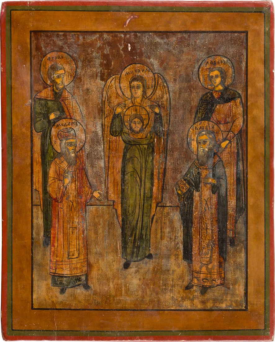 | IKONE MIT DEN TIERPATRONEN BLASIUS, MODESTUS, FLORUS UND LAURUS: AN ICON SHOWING THE ANIMAL PATRON SAINTS STS. FLORUS, LAURUS, VLASIY AND MEDOST Russian, 19th century Tempera on wood panel. The background made of silver. Partially restored. 35.8 x 28.8 cm.IKONE MIT