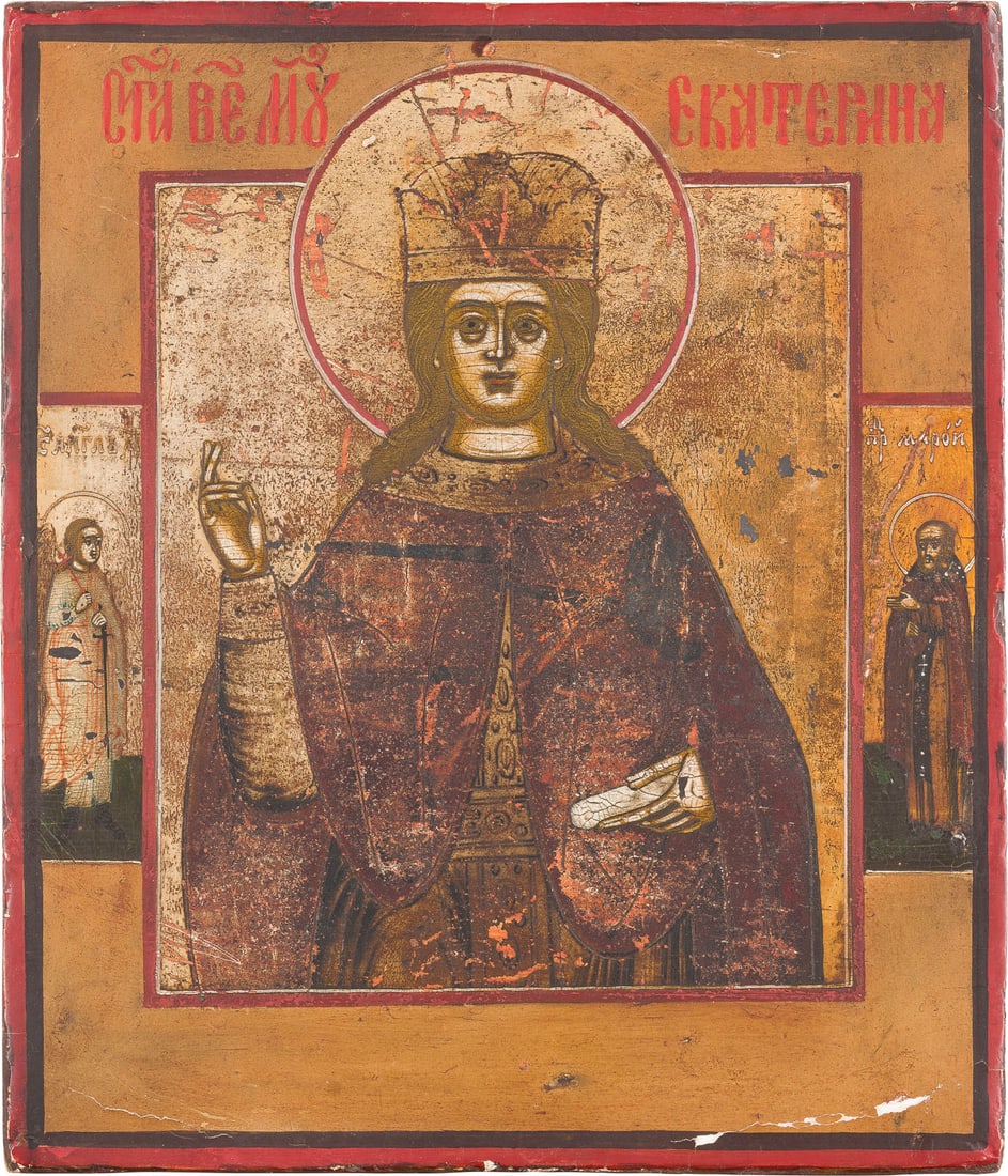 | KLEINE IKONE MIT DER HEILIGEN KATHARINA: A SMALL ICON SHOWING ST. CATHERINE Russian, Old Believers' Workshop, 19th century Tempera on wood panel. The background made of silver, covered by a golden lacquer. Two selected saints on the borders: