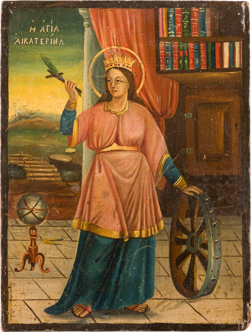| SIGNIERTE UND DATIERTE IKONE MIT DER HEILIGEN KATHARINA: A DATED AND SIGNED ICON SHOWING ST. CATHERINE Greek, dated 1801 (?) Oil on wood panel. Dated and signed lower left. The edges minimally chipped. 27.9 x 20.8 cm.SIGNIERTE UND DATIERTE IKONE MIT DER HEI