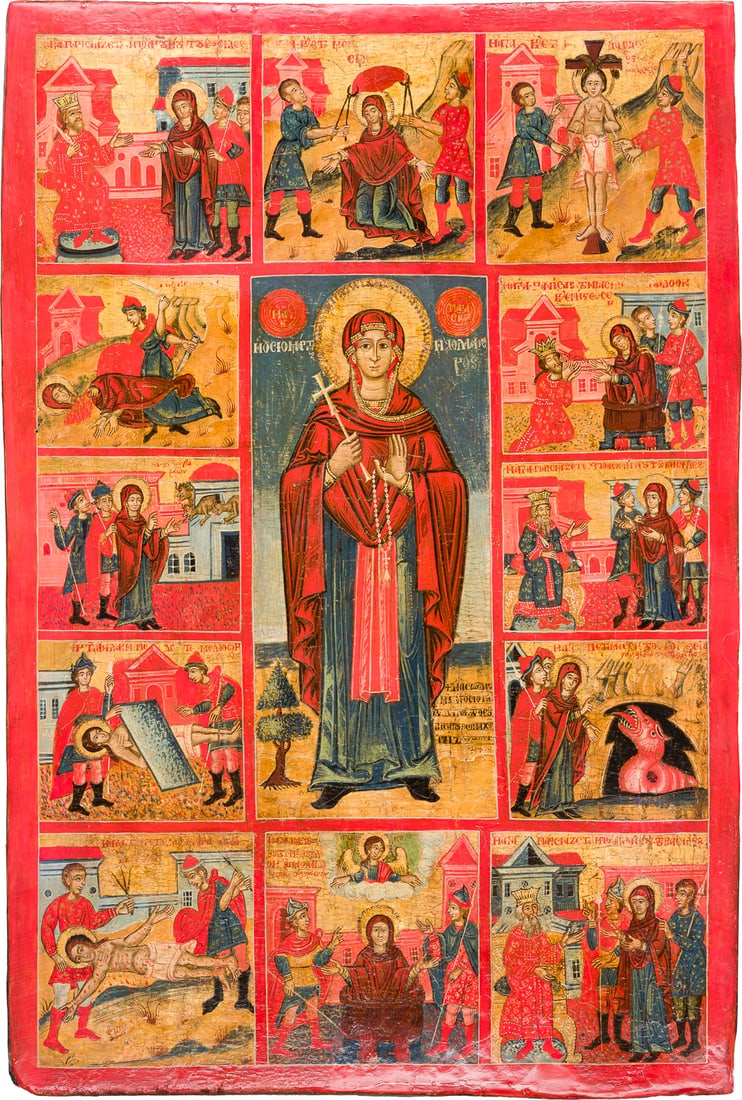 | MONUMENTALE DATIERTE VITA-IKONE MIT DER HEILIGEN PARASKEWA: A MONUMENTAL DATED VITA ICON OF ST. PARASKEVA Greek, dated 1717 Tempera on wood panel. Finely painted in great detail and bright colours on a gold ground. St. Paraskeva, depicted frontally and full-le