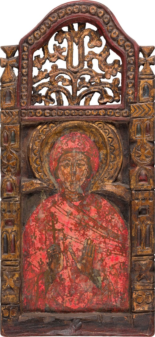 | GROSSE IKONE MIT DER HEILIGEN MAeRTYRERIN PARASKEWA: A VERY LARGE ICON SHOWING ST. PARASKEVA Recent Encaustic painting. Ornamental carved and gilded wood frame. 71.5 x 32.7 cm.GROSSE IKONE MIT DER HEILIGEN MAeRTYRERIN PARASKEWA Neuzeitlich Holz, ornamen