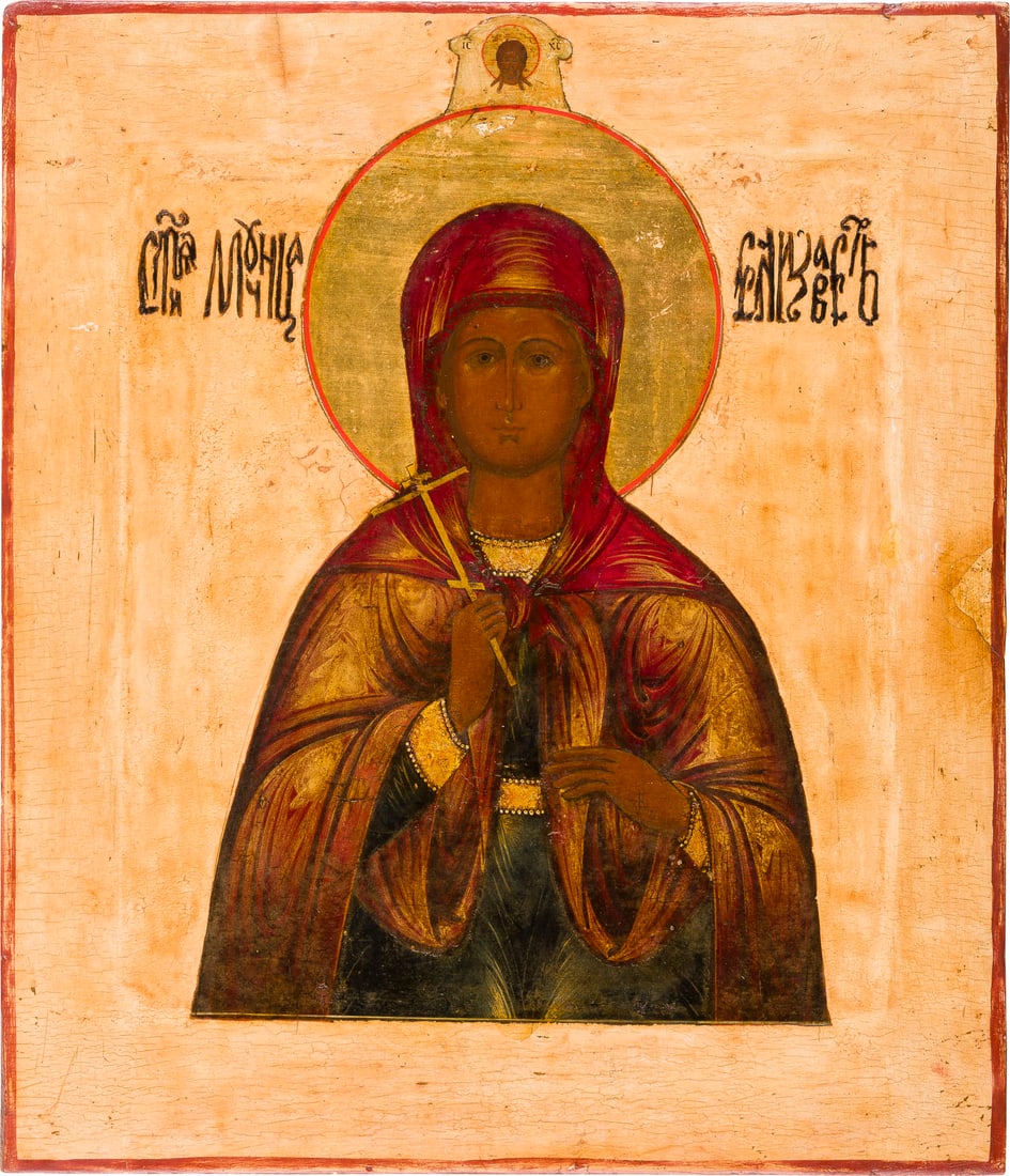 | GROSSE IKONE MIT EINER HEILIGEN MAeRTYRERIN: A LARGE ICON SHOWING A MARTYR SAINT Russian, 19th century Tempera on wood panel with kovcheg. The halo made of gold. The background stripped to gesso, partially restored. 35.3 x 30.3 cm.GROSSE IKONE M