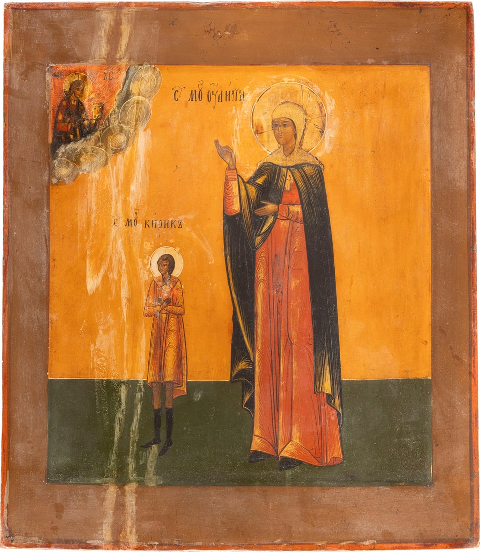 | IKONE MIT DEN HEILIGEN JULITTA UND KIRIK: AN ICON SHOWING STS. YULITTA AND KIRIK Russian, 19th century Tempera on wood panel with kovcheg. The haloes made of silver, covered by a golden lacquer. Vertical crack restored. 35.3 x 31 cm.IKONE MIT