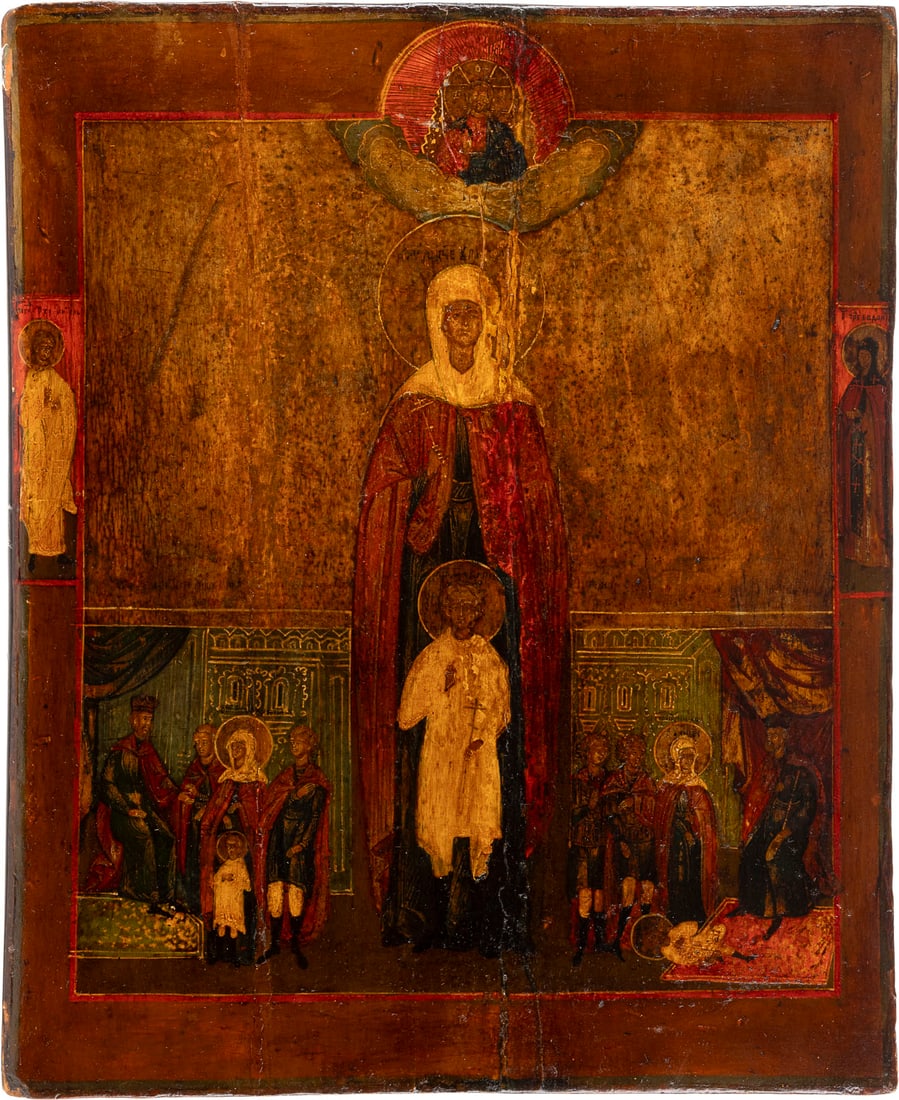 | IKONE MIT DEN HEILIGEN JULITTA UND KIRIK: AN ICON SHOWING STS. YULITTA AND KIRIK Russian, 19th century Tempera on wood panel. The background made of silver, covered by a golden lacquer. Two selected saints on the borders, the Guardian Angel a