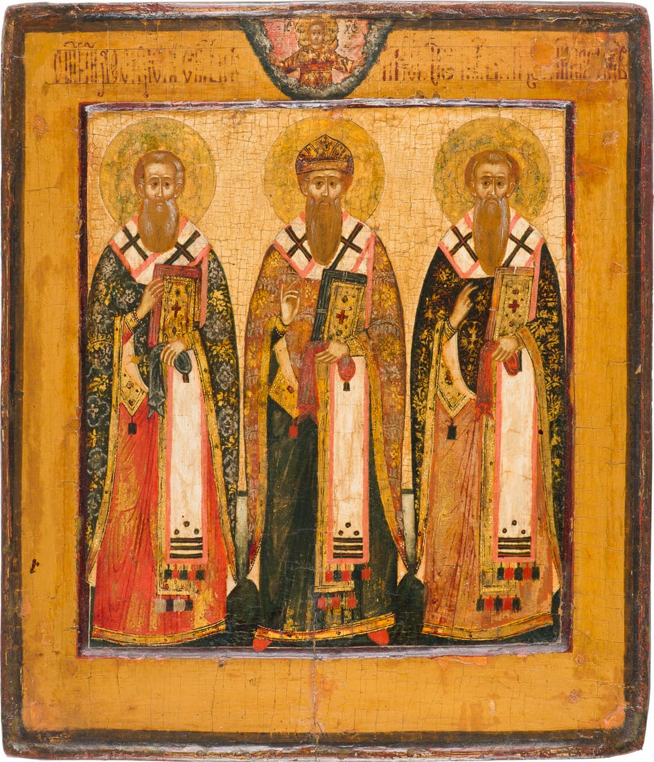 | FEINE IKONE MIT DEN DREI HEILIGEN HIERARCHEN BASILIOS DEM GROSSEN, GREGORIOS DEM THEOLOGEN UND (1 of 2)