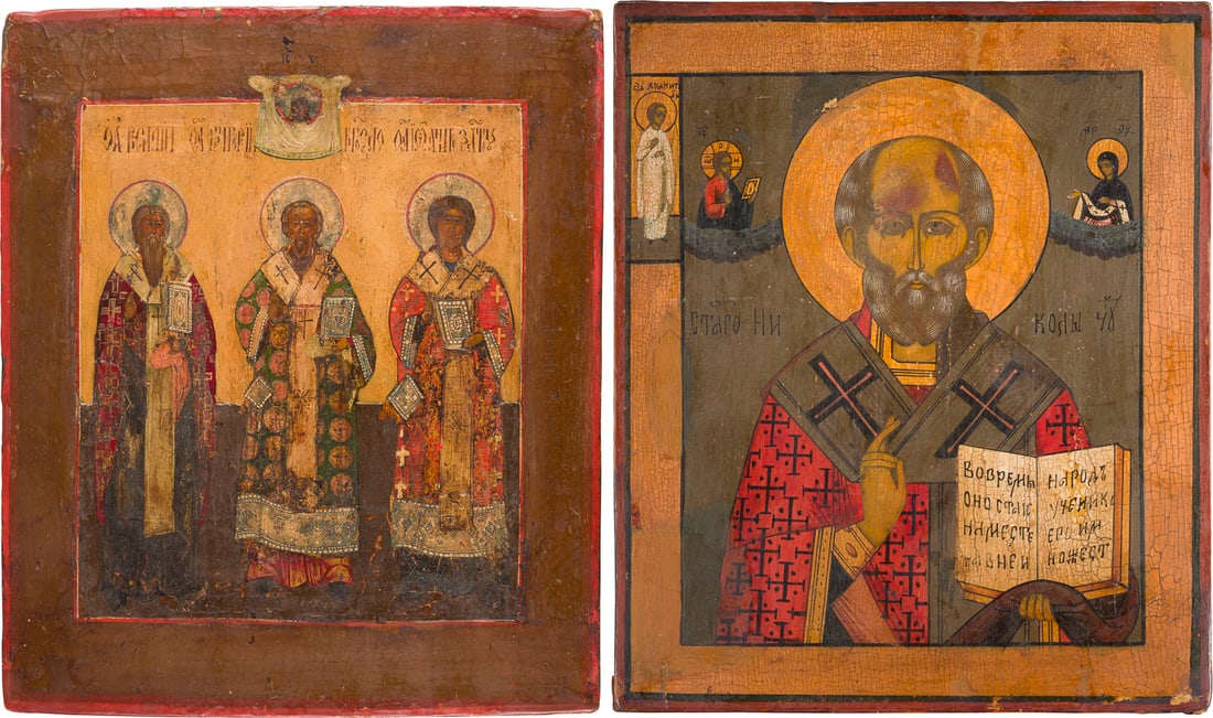 | ZWEI IKONEN: DREI HIERARCHEN UND HEILIGER NIKOLAUS VON MYRA (1 of 3)