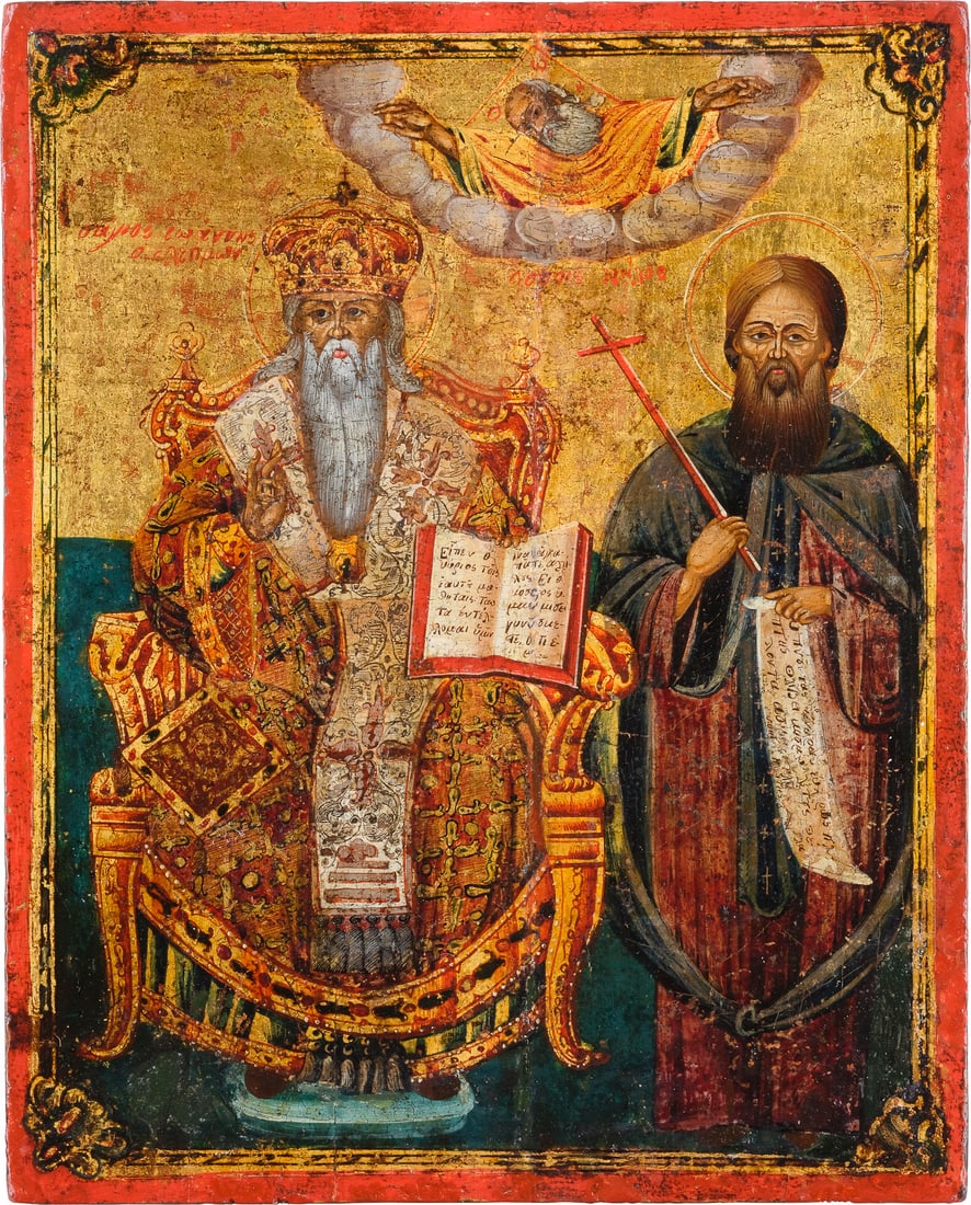 | FEINE IKONE MIT DEN HEILIGEN JOHANNES CHRYSOSTOMUS UND NILOS 'DER FASTER': A FINE ICON SHOWING ST. JOHN CHRYSOSTOM AND THE VENERABLE NILUS THE FASTER OF SINAI Greek, 18th century Tempera on wood panel. Finely executed in great detail on a gold ground. Traces of an inscriptio