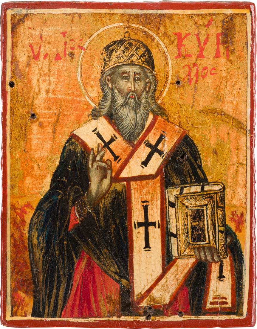 | MINIATUR-IKONE MIT DEM HEILIGEN KYRILL VON ALEXANDRIA: A MINIATURE ICON OF ST. CYRIL OF ALEXANDRIA Greek, 18th century Tempera on wood panel. Finely painted on gold ground. Partially worn. 8.6 x 6.6 cm.MINIATUR-IKONE MIT DEM HEILIGEN KYRILL VON ALEXANDRIA