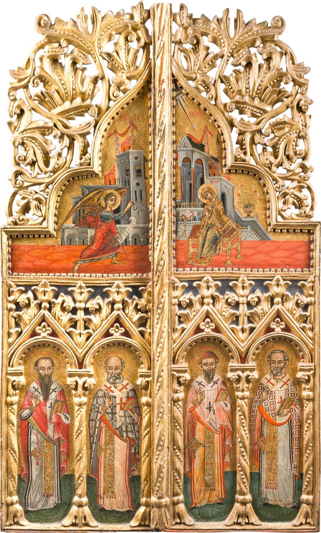 | SEHR FEINE KOeNIGSTUeR AUS EINER KIRCHEN-IKONOSTASE MIT DER VERKUeNDIGUNG UND VIER HEILIGEN: A VERY FINE PAIR OF ROYAL DOORS FROM A CHURCH ICONOSTASIS SHOWING THE ANNUNCIATION AND FOUR SELECTED SAINTS Griechenland, 17. Jh. Greek, 17th century Holztafeln, teils ornamental geschnitzt und vergol
