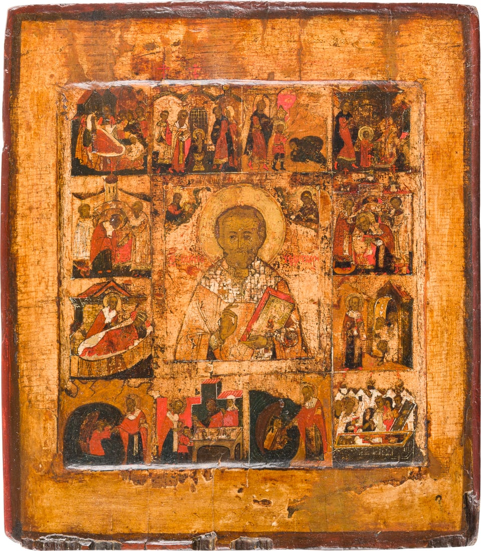 | FEINE VITA-IKONE MIT DEM HEILIGEN NIKOLAUS VON MYRA MIT ZWOeLF SZENEN SEINES LEBENS: A FINE VITA ICON OF ST. NICHOLAS OF MYRA WITH TWELVE SCENES FROM HIS LIFE Russian, 16th century Tempera on wood panel with double kovcheg. The background stripped to gesso, restored. 31 x 27 cm.FEINE