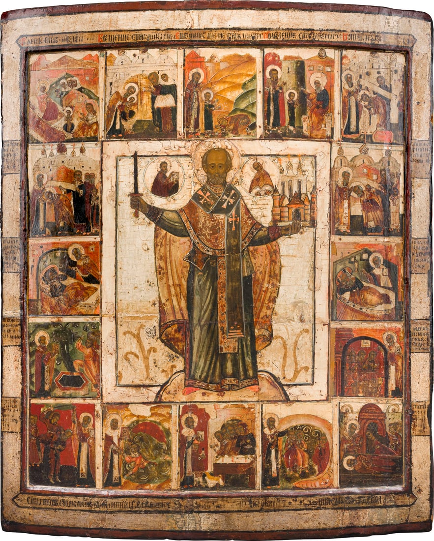 | MONUMENTALE VITA-IKONE MIT DEM HEILIGEN NIKOLAUS VON MOSCHAISK: A MONUMENTAL VITA ICON OF ST. NICHOLAS OF MOZHAISK Russian, 17th century Tempera on wood panel with kovcheg. A finely painted full-lenght image of the saint holding a sword in his outstreched right ha