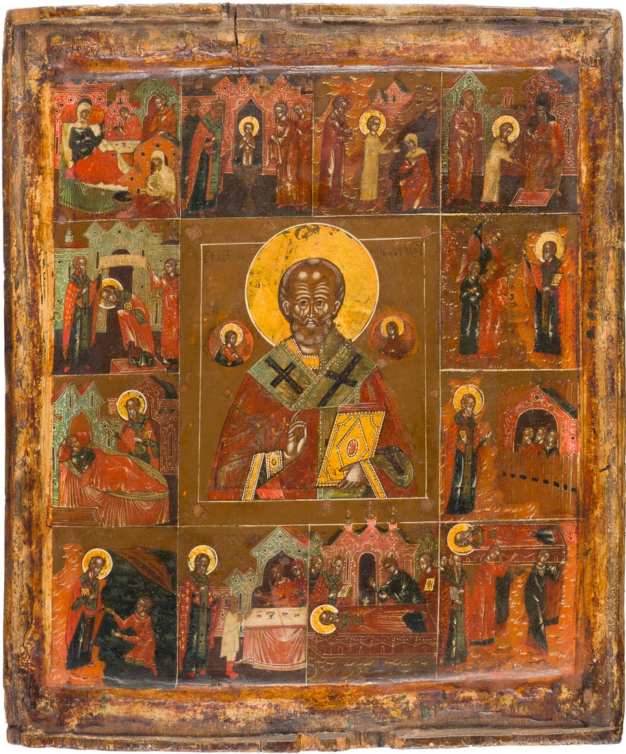| VITA-IKONE MIT DEM HEILIGEN NIKOLAUS DEM WUNDERTAeTER: A VITA ICON OF ST. NICHOLAS OF MYRA Russian, 18th century Tempera on wood panel with double kovcheg. The haloes made of gold. Damages to the edges, partially restored. 30.6 x 25.9 cm.VITA-IKONE MIT DE