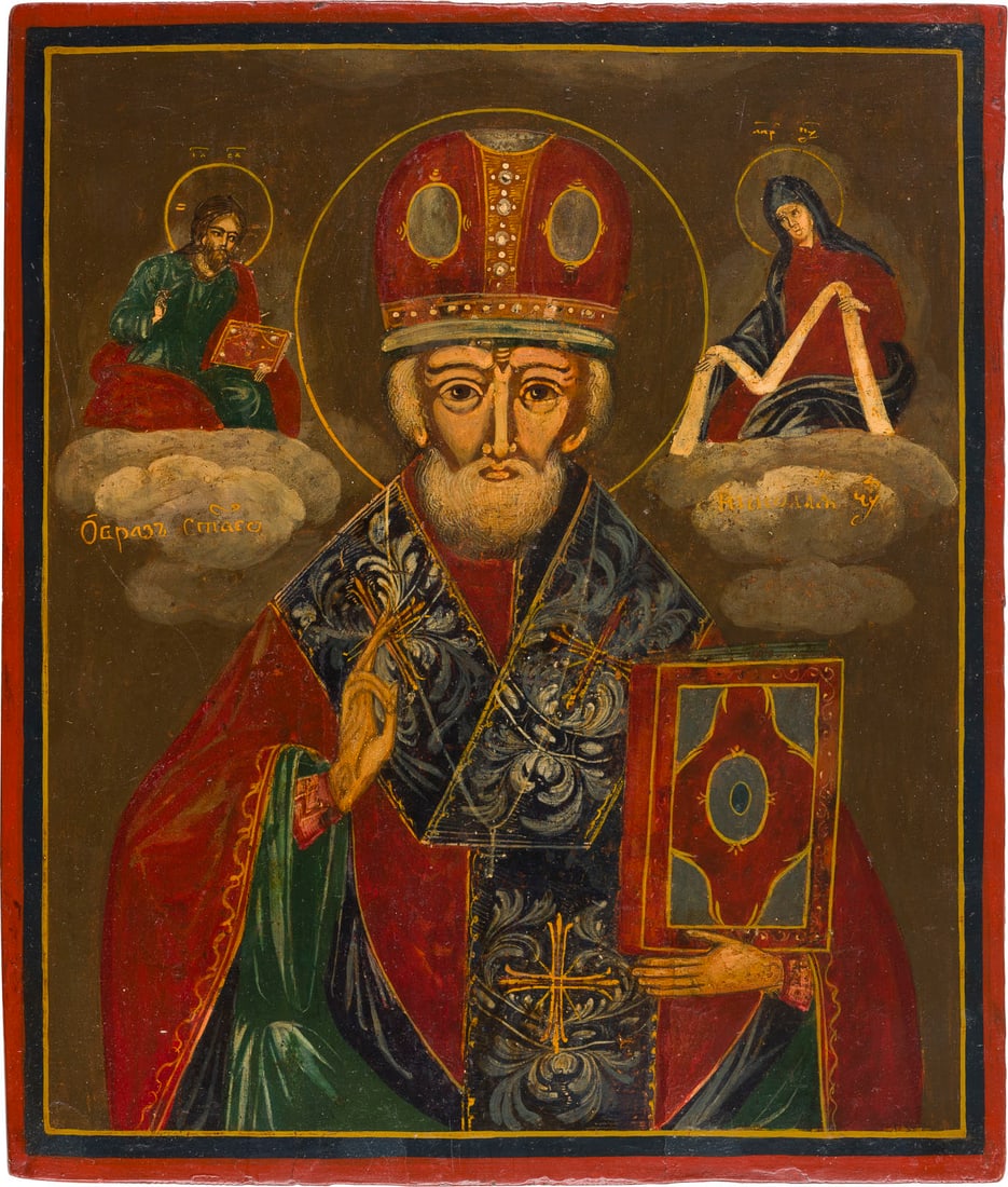 | IKONE MIT DEM HEILIGEN NIKOLAUS VON MYRA: AN ICON SHOWING ST. NICHOLAS OF MYRA Russian, 19th century Tempera on wood panel. Partially restored. 35 x 30.1 cm.IKONE MIT DEM HEILIGEN NIKOLAUS VON MYRA Russland, 19. Jh. Verbund zweier Bretter mit