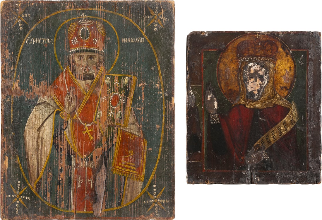 | ZWEI IKONEN: HEILIGE PARASKEWA UND NIKOLAUS VON MYRA: TWO ICONS SHOWING STS. PARASKEVA AND NICHOLAS OF MYRA Russian/Balkan, 19th century Tempera/oil on wood panels. Losses, damages. 24.7 x 22 cm / 35.5 x 28 cm.ZWEI IKONEN: HEILIGE PARASKEWA UND NIKOLAUS