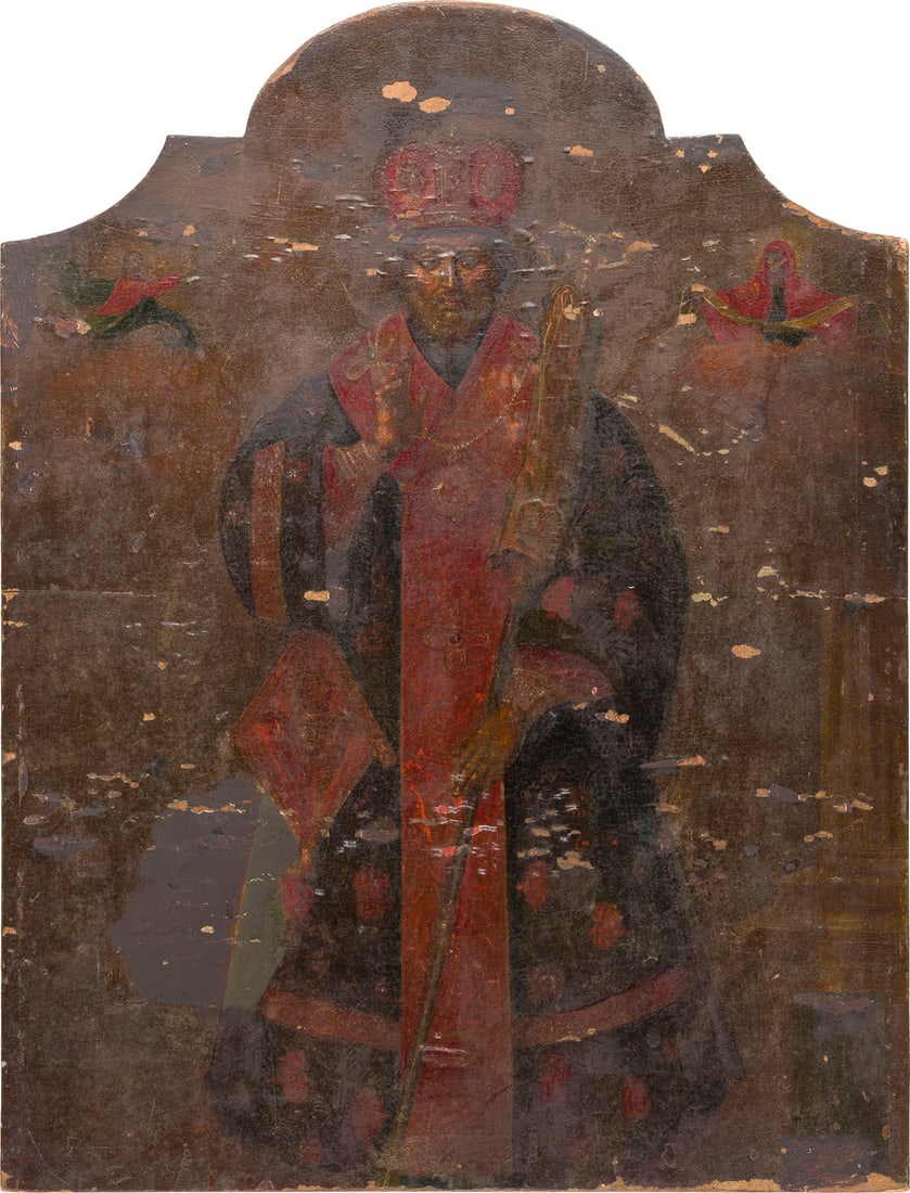 | GROSSFORMATIGE IKONE MIT DEM HEILIGEN NIKOLAUS VON MYRA: A LARGE ICON SHOWING ST. NICHOLAS OF MYRA Russian, 1st half of the 19th century Oil on wood panel. Paint blisterings, losses, restored. 64.2 x 48.7 cm.GROSSFORMATIGE IKONE MIT DEM HEILIGEN NIKOLAUS VO