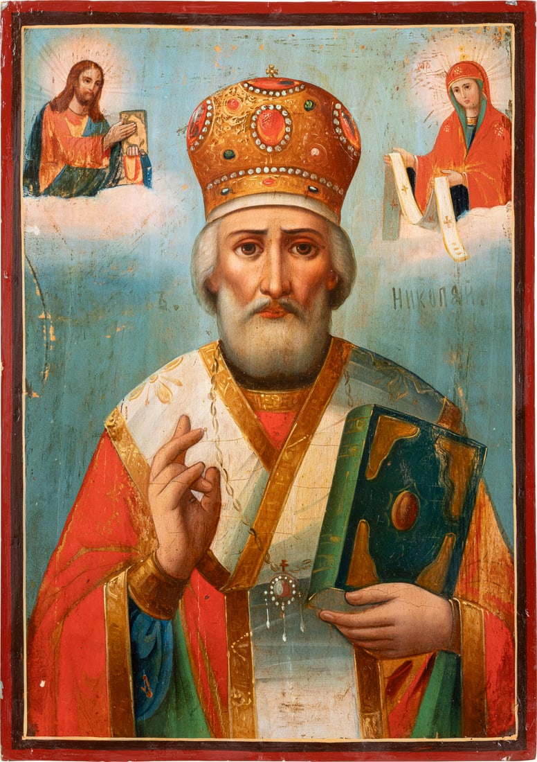 | KLEINE IKONE MIT DEM HEILIGEN NIKOLAUS VON MYRA: A SMALL ICON SHOWING ST. NICHOLAS OF MYRA Russian, mid 19th century Oil on wood panel. Minimally restored. 31 x 21.8 cm.KLEINE IKONE MIT DEM HEILIGEN NIKOLAUS VON MYRA Russland, Mitte 19. Jh. Holztafe