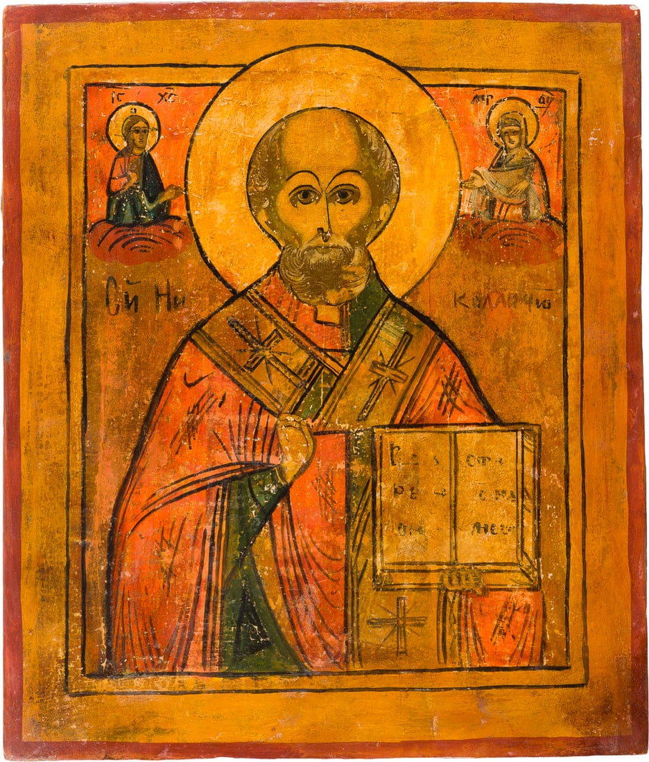 | IKONE MIT DEM HEILIGEN NIKOLAUS VON MYRA: AN ICON SHOWING ST. NICHOLAS OF MYRA Russian, 19th century Tempera on wood panel. Areas of restoration. 33.9 x 29.2 cm.IKONE MIT DEM HEILIGEN NIKOLAUS VON MYRA Russland, 19. Jh. Verbund dreier Bretter