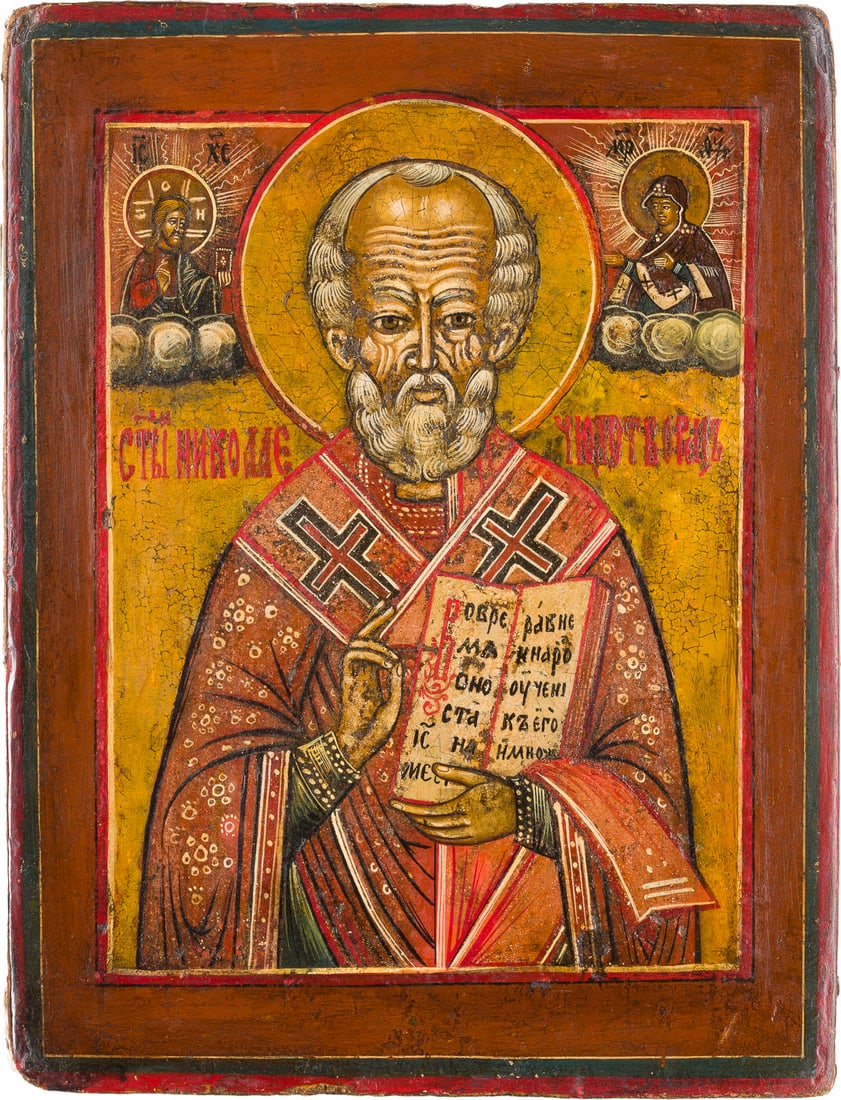 | IKONE MIT DEM HEILIGEN NIKOLAUS VON MYRA: AN ICON SHOWING ST. NICHOLAS OF MYRA Russian, 19th century Tempera on wood panel. Restorations. 31.3 x 24.4 cm.IKONE MIT DEM HEILIGEN NIKOLAUS VON MYRA Russland, 19. Jh. Einzeltafel mit zwei Stirnseit