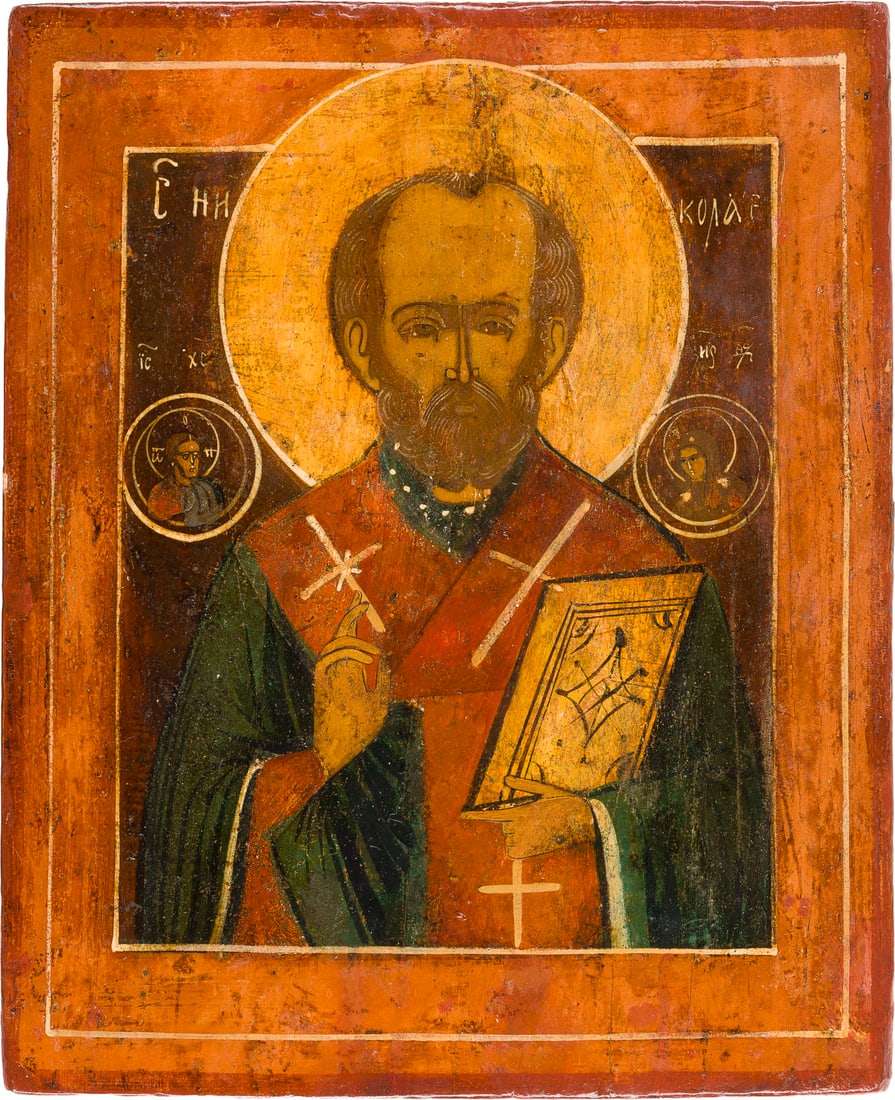 | KLEINE IKONE MIT DEM HEILIGEN NIKOLAUS VON MYRA: A SMALL ICON SHOWING ST. NICHOLAS OF MYRA Russian, 19th century Tempera on wood panel. Partially restored. 26.5 x 21.9 cm.KLEINE IKONE MIT DEM HEILIGEN NIKOLAUS VON MYRA Russland, 19. Jh. Holztafel mi