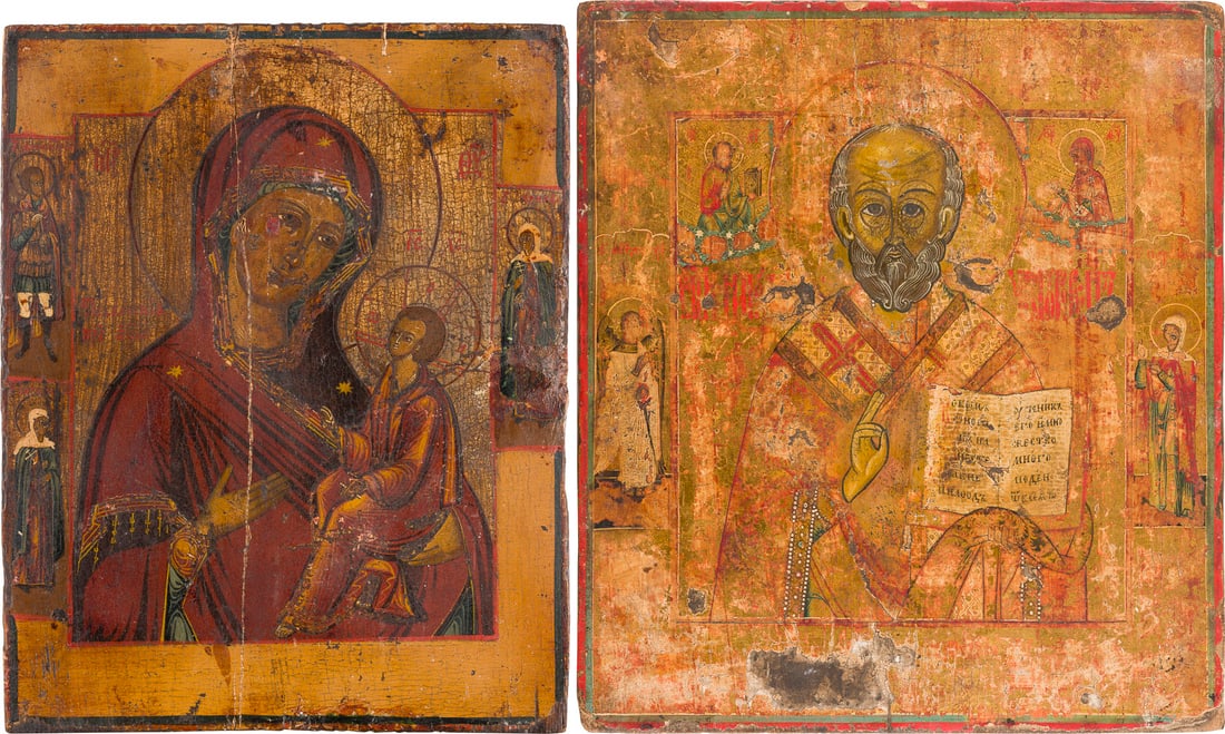 | ZWEI IKONEN: HEILIGER NIKOLAUS VON MYRA UND GOTTESMUTTER VON TICHWIN (TICHWINSKAJA) (1 of 3)