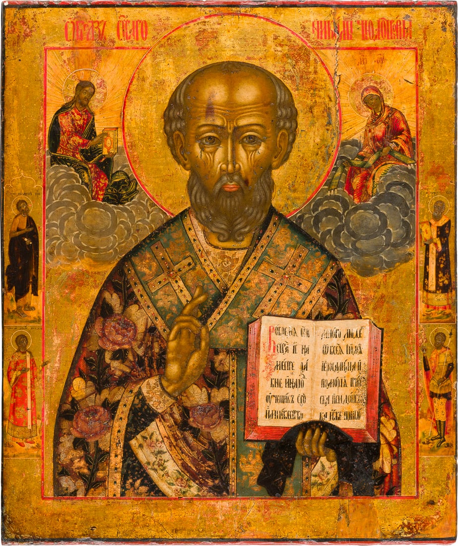 | GROSSE UND FEINE IKONE MIT DEM HEILIGEN NIKOLAUS VON MYRA: A VERY LARGE AND FINE ICON SHOWING ST. NICHOLAS OF MYRA Russian, Old Believers' Workshop, circa 1800 Tempera on wood panel. Painted against a golden background. The icon finely painted with extensive