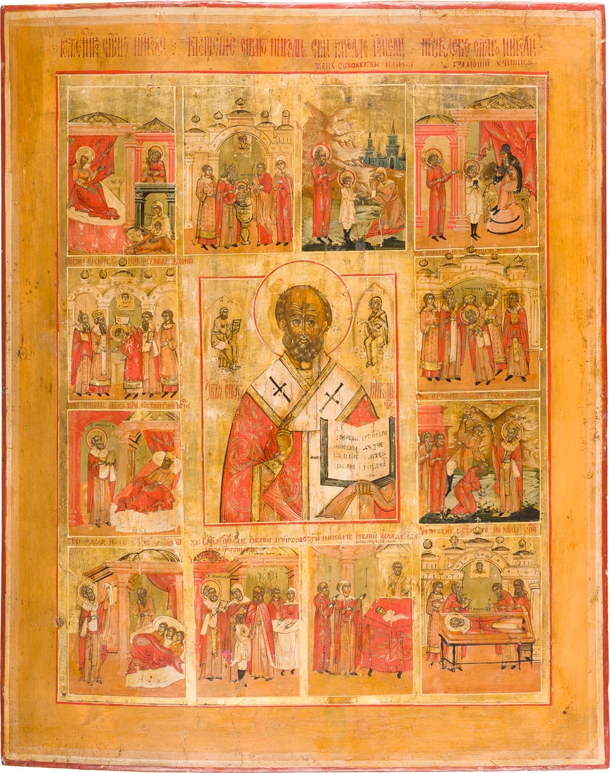 | GROSSFORMATIGE VITA-IKONE MIT DEM HEILIGEN NIKOLAUS VON MYRA: A LARGE VITA ICON OF ST. NICHOLAS OF MYRA Russian, 18th century Tempera on wood panel. The background made of silver, covered by a golden lacquer. Partially minimally restored. 52.5 x 42.2 cm.GROSSFOR