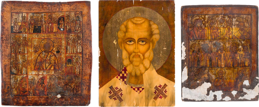 | DREI IKONEN: MEHRFELDER-IKONE, VITA-IKONE MIT DEM HEILIGEN NIKOLAUS VON MYRA UND HEILIGER NIKOLAUS: THREE ICONS: A MULTI-PARTITE ICON, A VITA ICON OF ST. NICHOLAS OF MYRA AND ST. NICHOLAS THE MIRACLE WORKER Russian, 18th/19th century / 2nd half 20th century Tempera on wood panels. The background mad