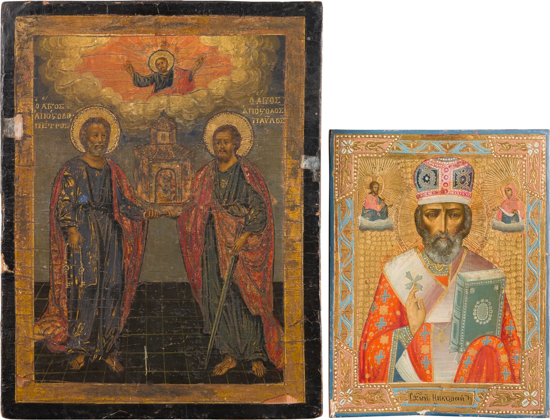 | ZWEI IKONEN: HEILIGER NIKOLAUS VON MYRA UND DIE APOSTEL PETRUS UND PAULUS: TWO ICONS SHOWING ST. NICHOLAS OF MYRA AND STS. PETER AND PAUL THE APOSTLES Russian, circa 1900 / Bulgarian, 19th century Tempera on wood panels. The background made of gold. The border decorated with