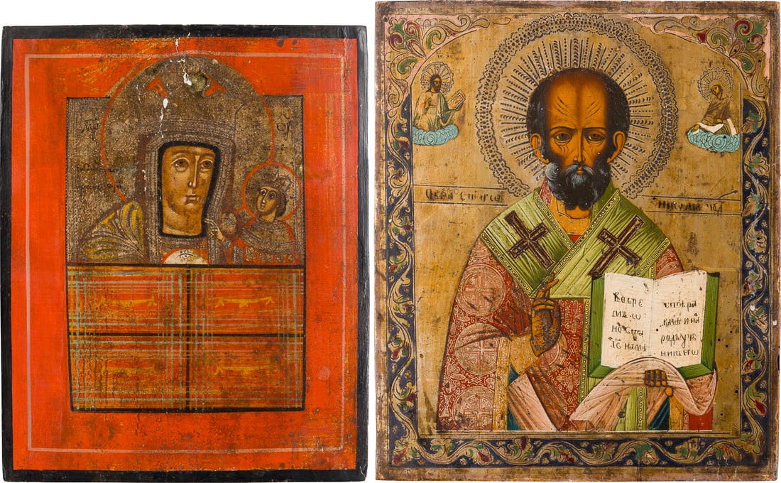 | ZWEI IKONEN: GOTTESMUTTER VON TSCHENSTOCHAU (ERWEICHEN DER HARTEN HERZEN) UND HEILIGER NIKOLAUS: TWO ICONS SHOWING THE MOTHER OF GOD OF CHENSTOKHOVSKAYA (SOFTENER OF THE EVIL HEARTS) AND ST. NICHOLAS OF MYRA Russian, 19th century Tempera on wood panels. The background made of silver, covered by a